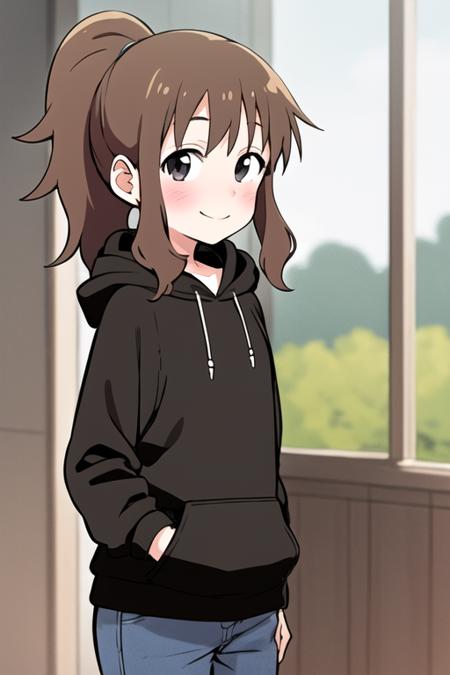 masterpiece, best quality, <lora:takagawa_sumire:0.7> takagawa_sumire, 1girl, solo, long hair, blush, smile, brown hair, ponytail, black eyes, looking at viewer, hoodie, jeans, delicated face and eyes, colorful