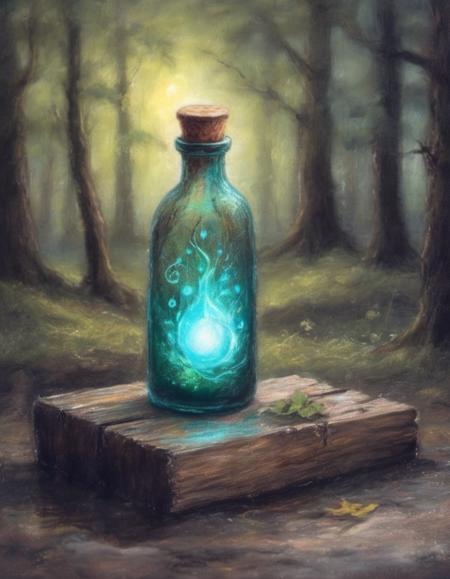 drawing with pastels of a bottle filled with glowing luminous magical potion on a rustic bench background magical forest