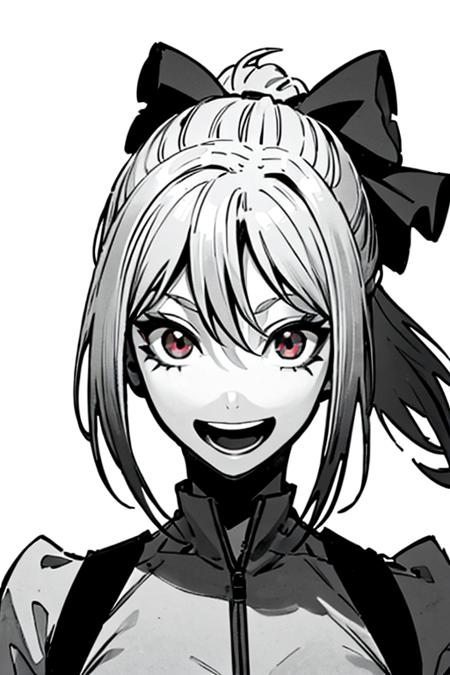 <lora:Lynn[V1]:0.7>, Lynn, 1girl, solo, monochrome, ponytail, blonde hair, red eyes, smile, hair bow, white background, greyscale, portrait, open mouth,