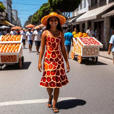 Brazilian girl, selling orange fruit in streets, wearing orange sliced shaped dress, <lora:blood_orange_world_morph_sdxl:1> , sunny day, people walking, vendor stand, blood orange style