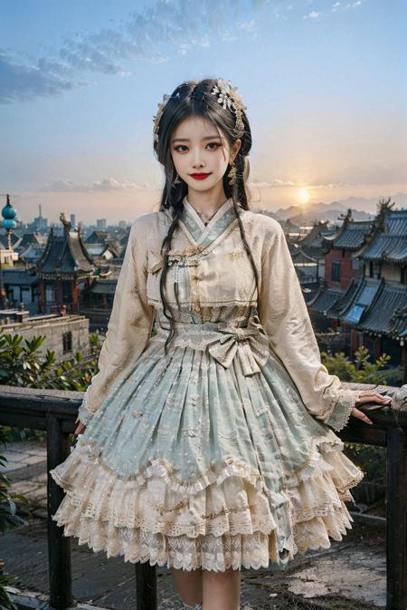 realistic, photorealistic, masterpiece, best quality, 1girl, solo, smile, looking at viewer, long black hair, cowboy shot, cns_dress, pettiskirt, standing, (china jiangnan water town style:1.1), beautiful sky, netural lighting,<lora:Cute Asian Face:0.65> , <lora:cns_dress_style2_v2:0.7>