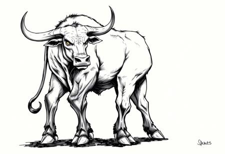 fantasy, ink art, comic style art, bull is standing with four feet, front ape's feet has 3 claws, muscular , looking at viewer, half side view