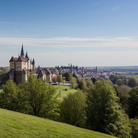 A town where the buildings are made of steel and wood, there is a castle in the distance.