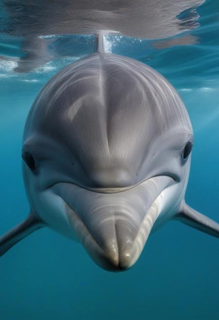 close-up of the face of a dolphin, underwater view