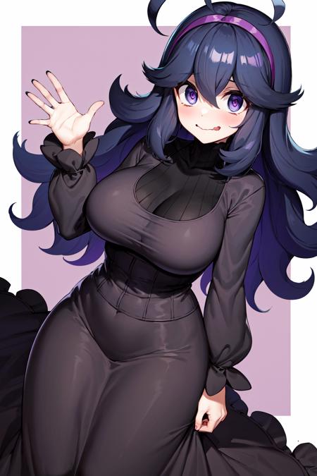 masterpiece, best quality, highres, aahex, hex maniac \(pokemon\), long hair, ahoge, purple hairband, purple eyes, @_@, large breasts, long dress, black dress, long sleeves, <lora:hex_maniac_v1:0.7>, waving, wavy mouth,