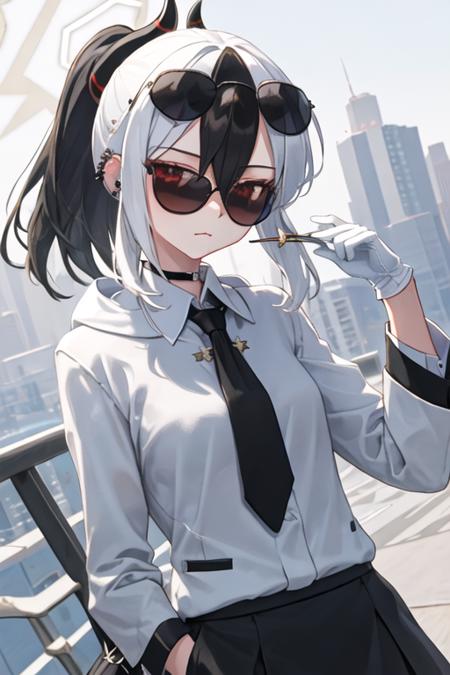 best quality, masterpiece, highres, solo, {black business suit:1.40}, {tie:1.20}, {sunglasses:1.25}, {white gloves:1.15}, {white shirt:1.10}, {black skirt:1.15}, {smoking:1.20}, handsome, {kayoko_bluearchive:1.15}, black_hair, multicolored_hair, white_hair, horns, two-tone_hair, red_eyes, bangs, halo, piercing, hair_between_eyes, ear_piercing, closed_mouth, ponytail, blush, earclip, hoodie, black_hoodie, upper_body, long_hair