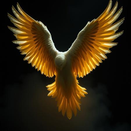 ave fenix, fondo oscuro, primer plano, alas desplegadas, iluminacion derecha, cuerpo de patatas, cortadas, rodajas,