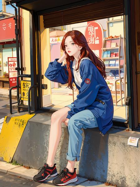 (ins style: 1.5), (masterpiece), 8k wallpaper, illustration, 1 girl, (single player: 1.5), (red perm), (hair decoration), sitting on the side of the road, in the old town, (real street view: 1.4), [warm light], (dilapidated and complex street scene), (frigid face: 1), [Japanese student uniform | top], [Japanese student skirt], (bell mouth), (rich colors), [jeans ], (sneakers), [clear Japanese background], [japanese street shop], [(gaze)|(horizontal angle of view)], (dynamic angle), (light), (daytime: 1.3), [(background clearly visible )|(complicated Japanese street scene)], (quiet atmosphere), (peaceful), [(quiet)|(considerate)], (exquisite face), (detailed face), (special, the most good aesthetic, new, latest, best quality, masterpiece, very detailed, anime:1.2), ulzzang-6500-v1.1, <lora:girlhandfix:0.3>, <lora:aespaKarina_aespaKarinaV2:0.5>, <lora:画风 唯美Samia:0.5>