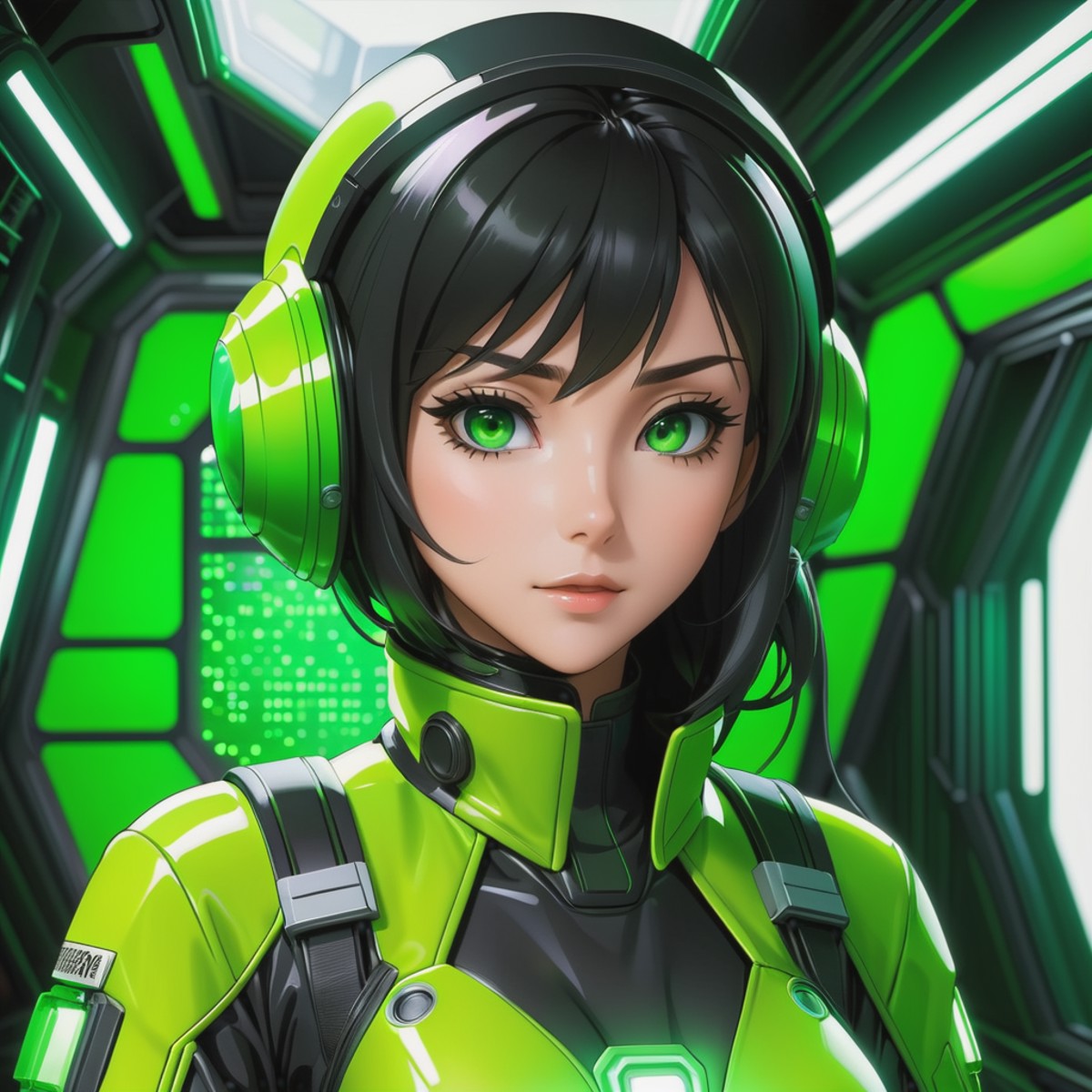 deep inside the green oxygen farm of a spaceship, anime female in hazmat, cell shaded, smooth, low detail, dark, black and...