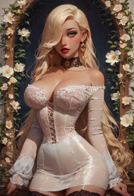 score_9, score_8_up, score_7_up, score_6_up, score_9, score_8_up, score_8, Expressiveh, 
24 year old girl, elegant gold hair over one eye, 
slender body, eye contact, ((freckles)), thin waist:1.3, thick thighs, F-size breasts, very tight bra,
huge perky round breasts, detailed lips, petite torso, short torso, laced transparent top, laced corset,
big titty goth girlfriend, sexy ornate clothing, sheer clothing, see through dress, dark heavy makeup, ((pale skin)), 
dark red lipstick, full pouty lips, cowboy shot, 
very tight off-shoulder ruche black translucent top, short ruffled black silk skirt, long sleeves, big lace choker, lace thigh highs, pokies, gold flowers print on dress,