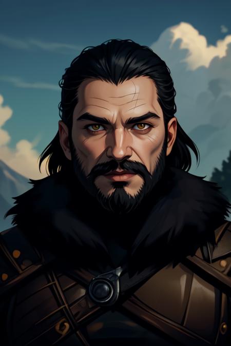 witcher, masterpiece, best quality, solo, 1boy, facial hair, beard, male focus, outdoors, mountain, short hair, black hair, yellow eyes, tree, upper body, sky, day, fur trim, mature male, looking at viewer, mustache,