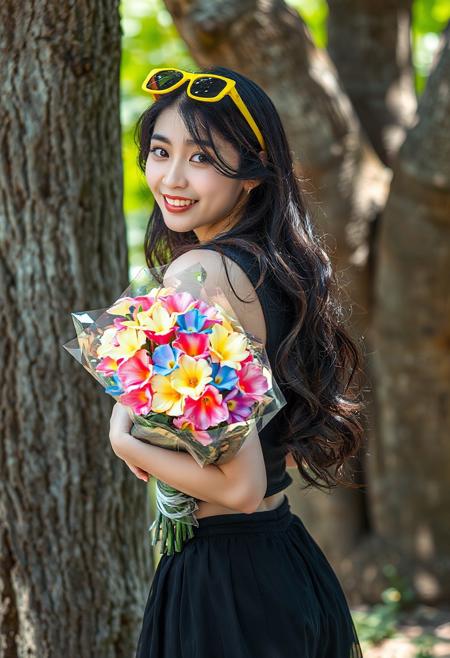 DSLR-style, glamorous, elegant 26-year-old Korean model, extremely pale skin with natural texture.  parted lips, masterpiece, ultra high-res  
<lora:NOOB_vp1_detailer_by_volnovik_v1:1>
barely visible pores, subtle skin texture variation, translucent skin tone, full body. 
A young woman with long, wavy dark hair, partially pulled back with bright yellow sunglasses perched on her head, smiles warmly over her shoulder towards the viewer. She is holding a vibrant bouquet of artificial flowers in a clear wrapping, the blossoms displaying a striking gradient of colors including pink, blue, yellow, and white. She wears a dark, sleeveless top and a dark, flowing skirt that reveals a hint of her midriff. Her skin tone appears light, and she has delicate features with subtle makeup enhancing her eyes and lips. She stands outdoors next to a mature tree with textured bark and lush green foliage visible in the background, suggesting a garden or park-like setting. The lighting is bright and natural, casting soft shadows. The overall mood is cheerful and relaxed, hinting at a pleasant, sunny day. The focus is sharp on the woman and the flowers, with the background slightly blurred, drawing attention to the subject. The composition captures a casual yet stylish moment.