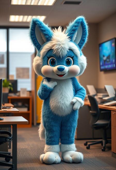 a photorealistic image, 4K, absurdres, amazing quality, hires, Furry Mascot costumed, plushy like, animal ears, standing in office, blue and white fur, cute,