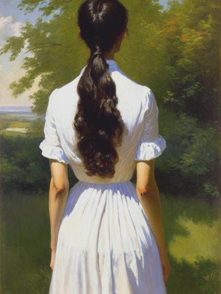 <lyco:WilliamLangsonLathrop:1.0> beautiful dark tan brunette woman from behind full body wearing a white shirt dress outdoors oil painting by William Langson Lathrop