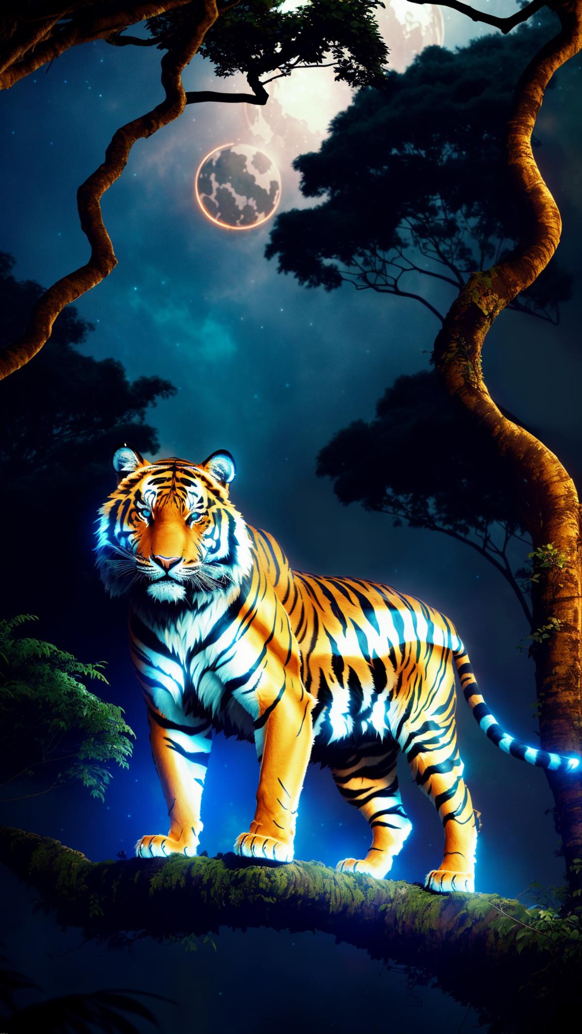 A brightly lit tiger in a forest at night.