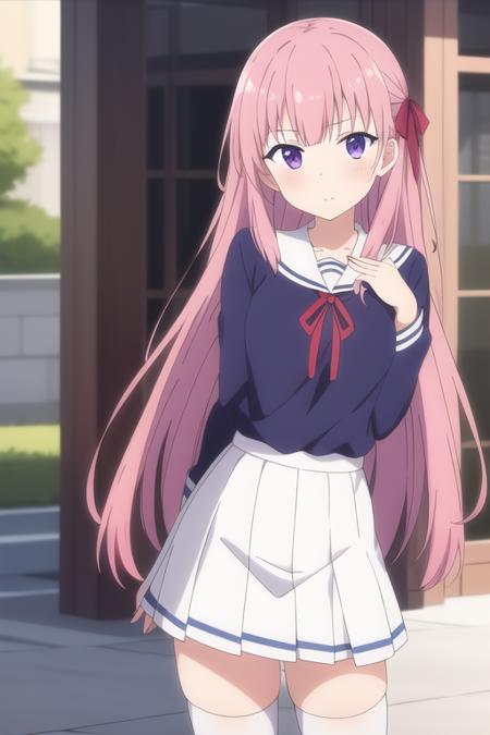 masterpiece, best quality,1girl,solo,anime screencap,fuyumi ai,pink hair,very long hair,purple eyes, hair ribbon,school uniform,neck ribbon,blue shirt,white skirt, white legwear, <lora:fuyumiai:0.5>,
