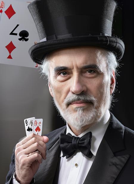 (  <lora:ChristopherLeeOld:.9>) Portrait photo of (clo1) a man with grey hair,  Detailed face, (perfect eyes), (realistic matte skin:1.1), perfect body, wearing ((Absurd Magician Costume, Tuxedo with Tails, Top Hat, Magic Wand, Deck of Playing Cards)), Modelshoot style, Professional Photography, soft lighting, PHOTOREALISTIC, Realistic, standing in dark studio background, blurred background, volumetric fog,. RAW, analog style, sharp focus, 8k, HD, DSLR, high quality, Fujifilm XT3, film grain, award winning, masterpiece,