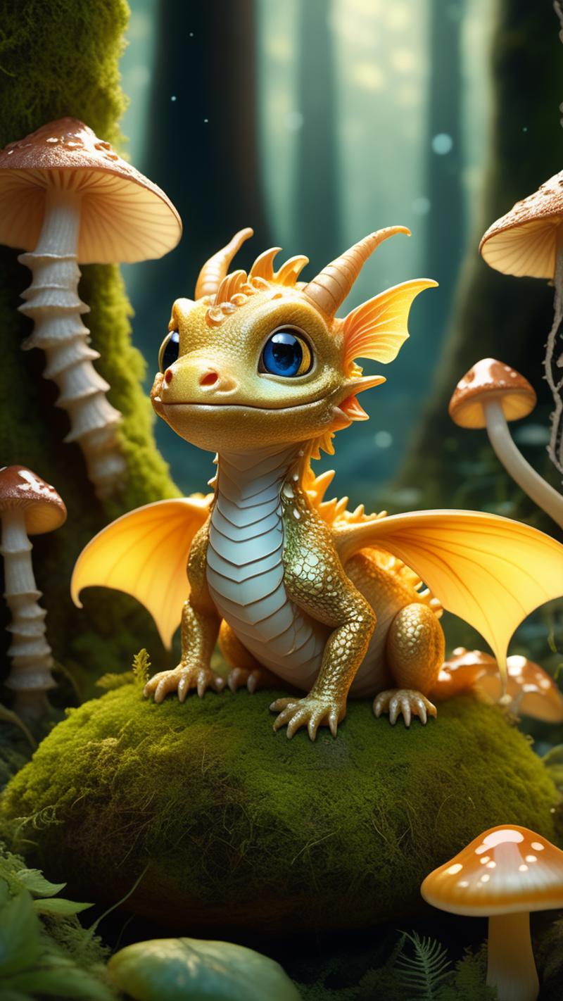 A small dragon figurine sitting on a mossy rock in a mushroom forest.