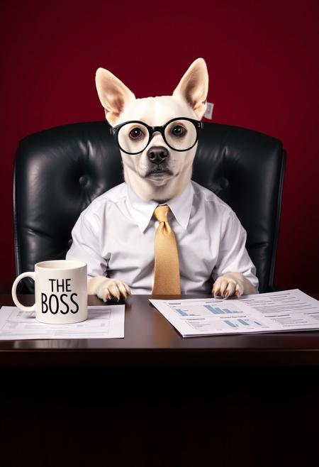 A whimsical scene featuring a white dog sitting at a desk, wearing oversized round glasses and a formal white shirt with a tie. The dog exudes an air of authority, seated on a black leather chair in front of a dark red background. A white coffee mug labeled "THE BOSS" is placed on the desk alongside sheets of paper covered in charts and text, reinforcing the comedic depiction of the dog as an office executive.