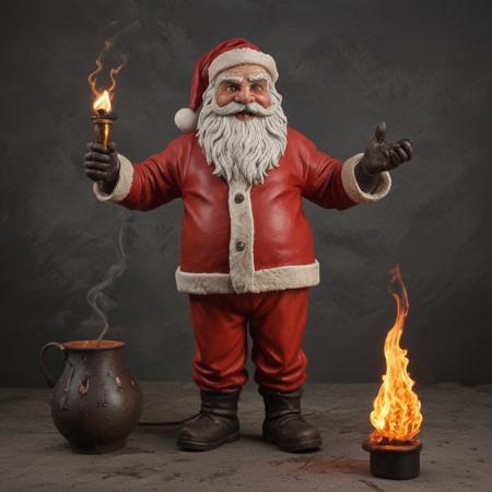 a santa crimson darkness, welcoming attitude, in 1 9 8 5,  photo, being delighted and cheerful, molten iron, prototype, 3 colour, full subject shown in photo, ecommerce photograph, mascot, 1964, pot bulb bulb, detailed, featured in artstation, cinematic
