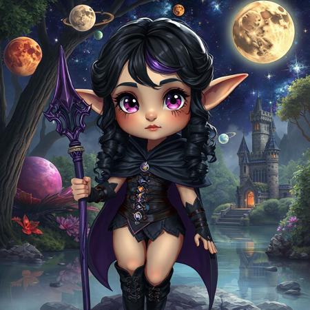 1girl, fantasy elf, long fantasy elven ears, natural lighting, realistic style, round cheek bones, full lips, small mouth, small nose, round face, black velvet boots laced with leather straps, petite, ((very thin waist:1.5)), body shaped like hourglass, long curled black hair with purple highlights, purple eyes, pupils showing, colourful planets and moon and stars and space in the background, a tome, zoomed out, full veiw, a sexy purple elven metal armor, wearing a purple magical staff, long black cloak, hyperealistic, fantasy castlle sitting in a magical jungle in the background, a lake in the background, cute face,