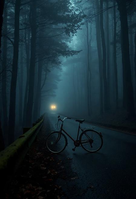 foggy forest road in deep königsblau tones — narrow path winding through tall, shadowy trees, their silhouettes blurred by thick mist. The air is dense and quiet, filled with soft ambient light filtering through branches. Wet asphalt reflects the faint glow of distant lamps. An old bicycle lies gently against a mossy guardrail, forgotten. Leaves drift slowly through the air. Perfect for a slow dolly motion — moody atmosphere, cinematic depth, soft focus layers, melancholic and intimate, One Heart style, 4K, ultra-detailed, emotional silence, soft blue haze.