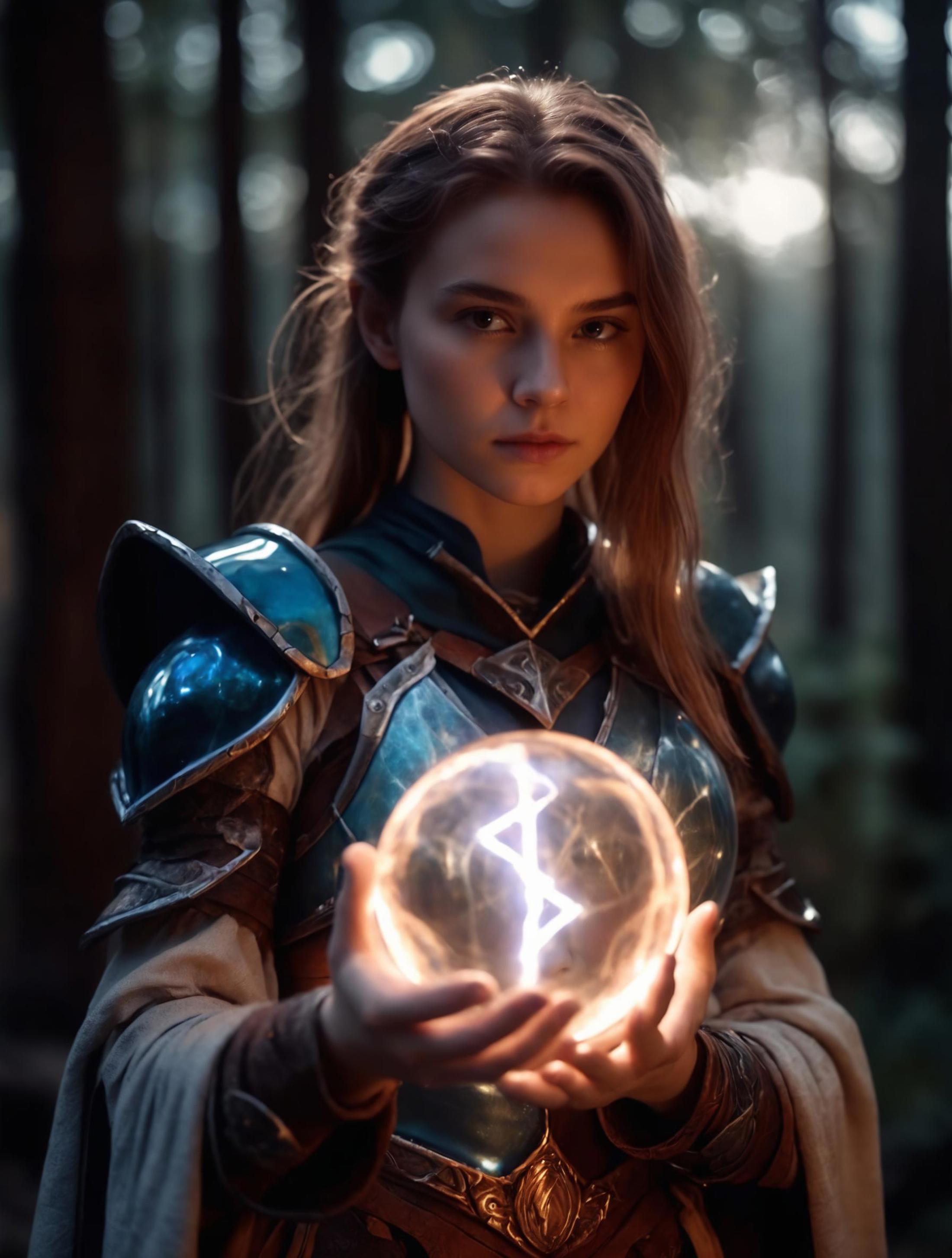 Woman with long hair holding a glowing sphere in her hand.