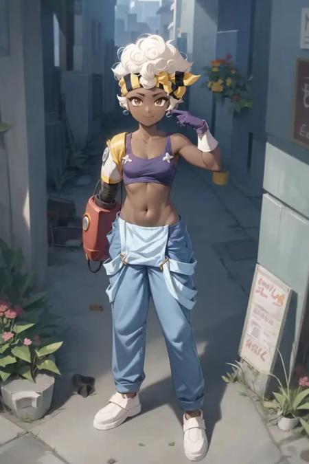 maisieBS, dark skin, dark-skinned female, white hair, short hair, curly hair, afro, headband, earrings, single mechanical arm, single arm, tank top, single glove, blue gloves, navel, overalls, pants, shoes, white footwear