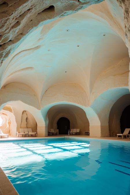 award winning interior photo, photograph, ultra photorealistic, photorealism, film still of inside a modern white spacious (swimming-pool inside a smooth stone cave:1.25), smooth shading, desert, daylight, bright colors, hyper realistic, modern, surreal, lights, minimalistic studio architecture, behance, halation, bloom, dramatic atmosphere, rule of thirds, 8k uhd, dslr, high quality, film grain, Fuji Superia X-TRA 400