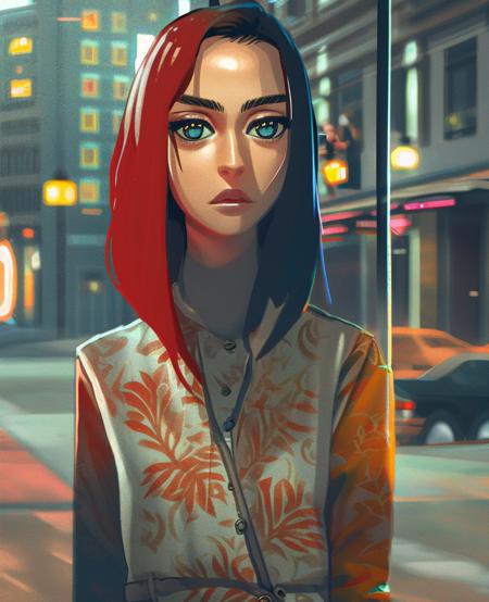 cmodel, digital illustration, cinematic lighting, smooth, mfs shot, best quality, high detail, masterpiece, high quality, streetwear, bloom, film grain, detailed eyes, beautiful face, (skinny:1.2), (young female:1.3), city background