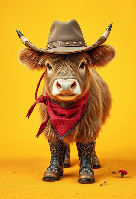 A hyper-stylized image of a cow dressed as a cowboy for Halloween, complete with a miniature cowboy hat, bandana, and boots. The cow's fur is a warm, golden brown, with a subtle, textured pattern of cowhide and denim. The cowboy hat is a tiny, perfect replica of a classic Stetson, complete with a delicate, leather band and a sprinkle of glittering, rhinestone studs. The bandana is a bright, bold red, with a subtle, paisley pattern and a few loose, flowing strings. The boots are a pair of tiny, knee-high cowboy boots, complete with intricate, tooled leather designs and a pair of shiny, silver spurs. The background is a bright, sunny yellow, with a subtle, textured pattern of hay and wildflowers, adding to the overall sense of country, cowboy charm. The cow's expression is one of playful, mischievous innocence, as if it's enjoying the thrill of dressing up as a cowboy for Halloween. highest-Quality, intricate details, visually stunning, Masterpiece