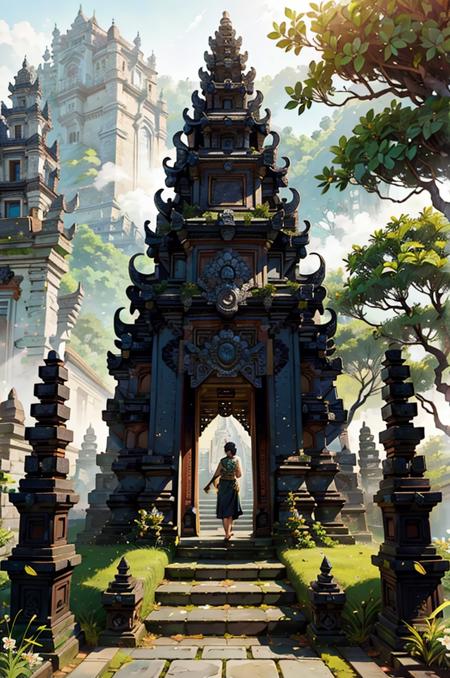 landscape, baligapura gate, stone statue, wall stone, village, stone stairs, detailed, ornament, bali, tree, grass, flower, frangipani flower tree, epic, dawn, fog, dramatic lighting, dim light, bokeh, <lora:ARWBaliGapura:1>  <lora:epi_noiseoffset2:0.4> advntr