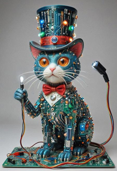 embedding:lazmpos, Transistors, pcb_style, LED, colorful LED lights, RGB lights, red green and blue cat, art deco, top hat, cane, monocle,RetroBG