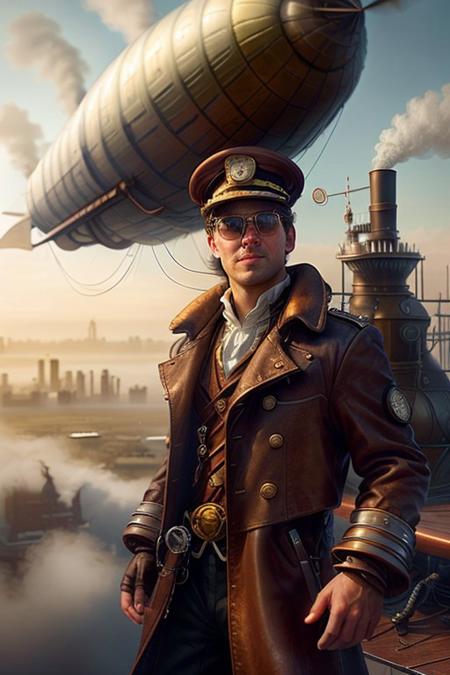 score_9, score_8_up, score_7_up "close up portrait  of A young, confident steampunk airship captain with goggles on his head, standing on the deck of a massive brass airship. He wears a tailored leather coat with brass buttons, a compass around his neck, and fingerless gloves. The background shows clouds and distant city rooftops with smokestacks. The scene is filled with sunlight filtering through clouds, casting a warm, adventurous glow