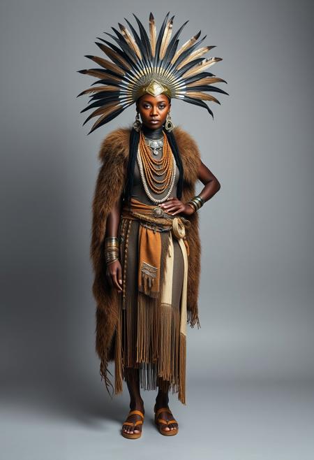 front view, Full shot of an african tribal warrior queen, elegant, rich clothes, awesome feathers headpiece, long fur cape, tribal necklaces, , tribal sandals, standing pose, studio photography style, neutral grey background,