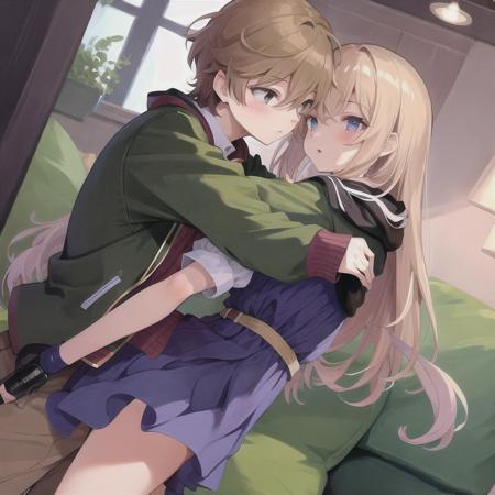 masterpiece, best quality, 1boy hug with 1 girl, european clothing, looking at camera