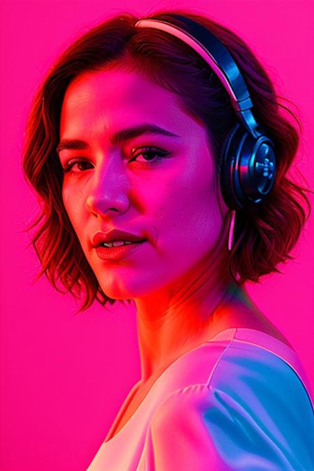 masterpiece, best quality, oil painting \(medium\), real, solo, 1girl, blonde hair, headphones, hair curls, neon background, sound waves, neon, white dress, musical note, red lipstick, medium hair, ringlets, red theme, hand on headphones, frills, puffy sleeves, short sleevesneon background, face close up, charturnerv2, pureerosface_v1, blue light,