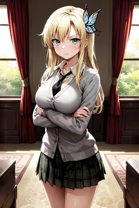 masterpiece, best quality, highres, aasena, long hair, hair ornament, large breasts, black necktie, collared shirt, grey cardigan, plaid skirt, green skirt, <lora:kashiwazaki_sena_v1:0.7>, crossed arms, standing, indoors