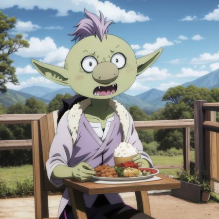 <lora:gobuta-000010:1> <lora:goblinLora_goblinGrn:0.7> Gobuta eating together with goblin, a cartoon character with a green face and purple mohawk, wearing GBToutfit