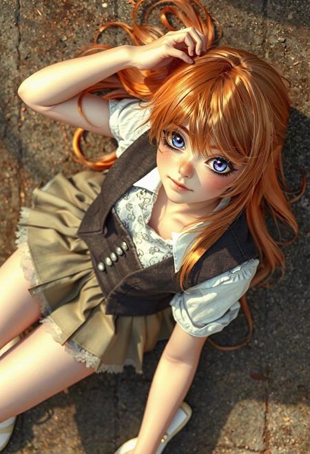 wide view, from above, photograph, realistic, masterpiece, best quality, 1girl, lying on the ground. violet eyes,pleated skirt, hair swept to side, side part hair, shiny hair, lace panties, white socks, shoes, smirk, hair over face, freckles, pretty face,cleavage, petite, light orange hair, waistcoat