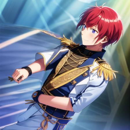 <lora:tsukasa_suou:0.8>, masterpiece, best quality, ultra-detailed, ultra-high contrast , 1boy, 8k, tsukasa_suou, knights_ensemble_stars,wallpaper quality, body facing me, standing,  soft smile, complex background,  realistic, short sleeve, solo,  character focus, male_focus