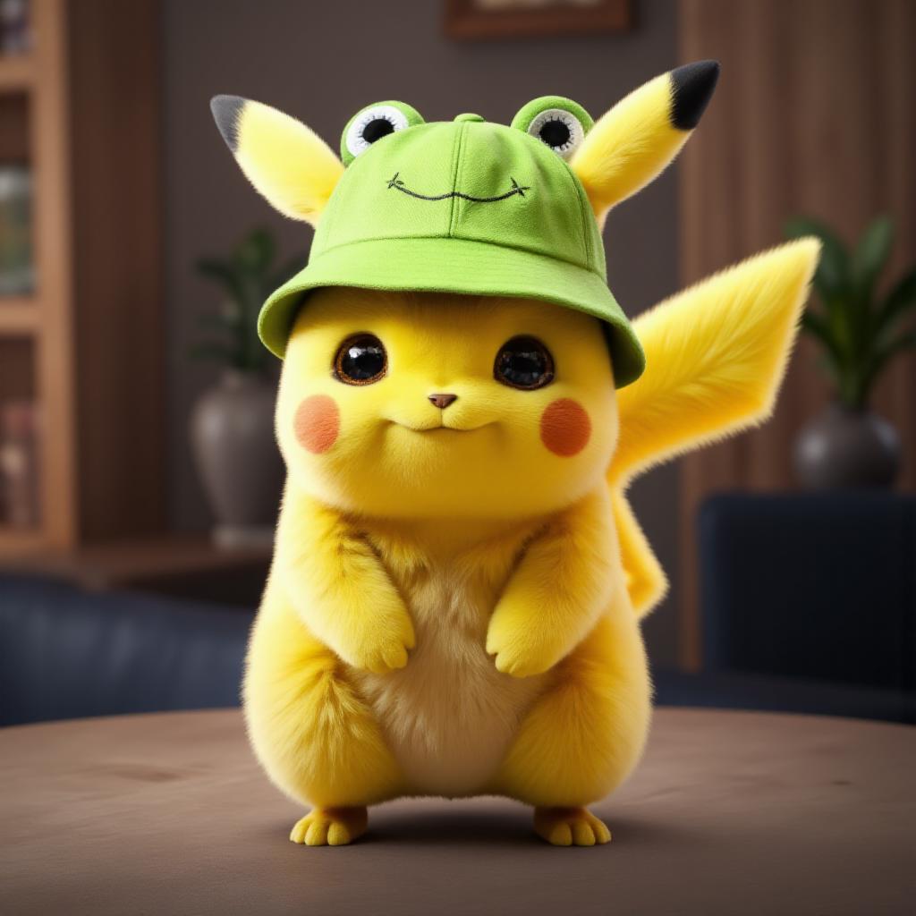 realistic photo of pikachu wearing a froggy hat <lora:Froggy_Hat:1>  <lora:Pikachu:1>