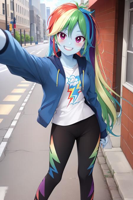 (masterpiece, best quality:1.2), <lyco:mlp_rainbowdash-10:1.0>, solo, 1girl, mlpdash, colored skin, blue skin, grin, looking at viewer, selfie, rainbow hair, purple eyes, jacket, shirt, pants, cityscape, sidewalk, street