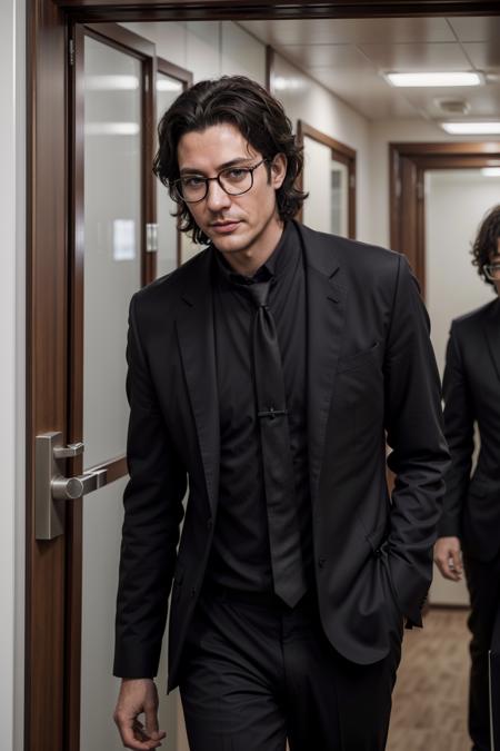 portrait of cla7k_n0texist dressed in a (business suit, glasses:1.2), walking into an office, serious expression, looking at the camera, facing the camera, dynamic lighting, photorealistic, high detail, detailed, masterpiece, 8k, highres, flawless, colour, professional