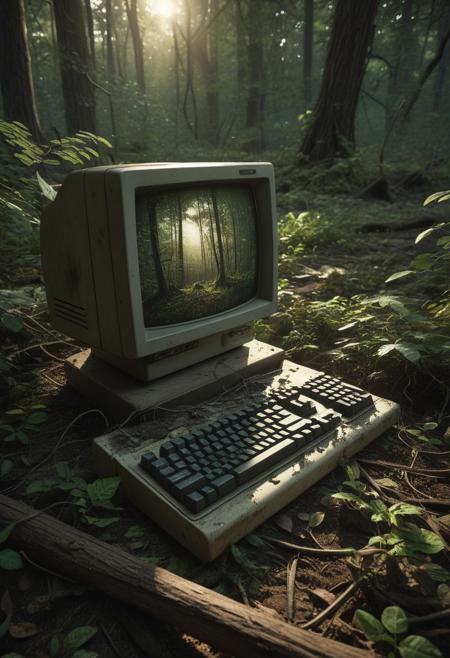 Abandoned computer (vintage style:1.3), nestled in overgrown forest floor, surrounded by foliage, withered branches, and patches of dirt (detailed dirt texture:1.2).  Computer screen displays green text (code:1.2),  vintage monitor, dusty keyboard.  Natural lighting, golden hour sunset, casting warm light on the scene (soft light:1.2).  Forest floor in foreground, with various shades of brown and green foliage,  low-lying vegetation.  Environmental details include dirt, leaf litter, and shadows from the trees.   Camera angle is slightly low, looking up at the computer,  perspective is close-up, focusing on the machine's intricate details.  Photorealistic style, high-detail rendering (detailed textures:1.2), close-up view,  muted color palette.  Dark, moody atmosphere.  Vintage computer, environmental storytelling.  Deep forest,  sunrise or sunset.