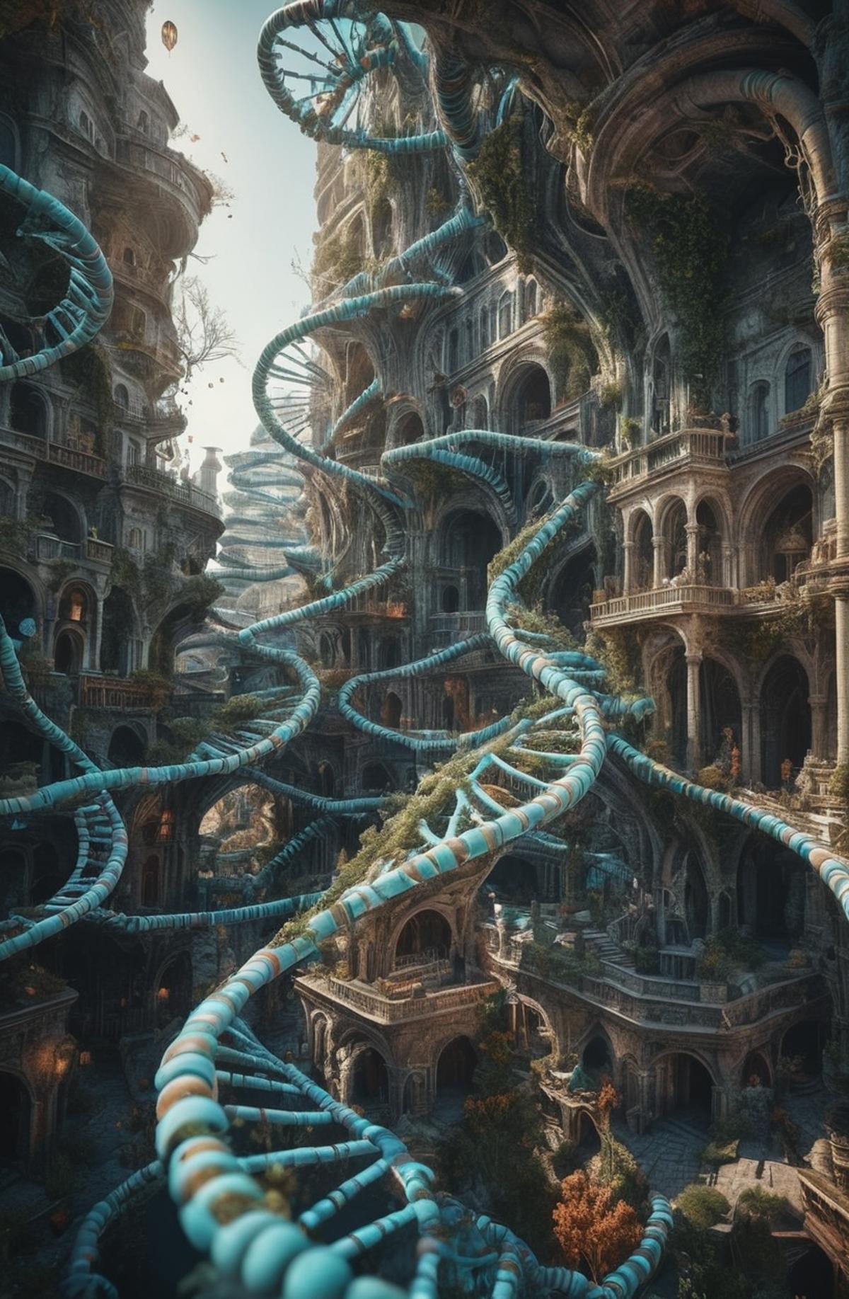 An artistic drawing of a futuristic city with a labyrinth of blue and white tracks and buildings.