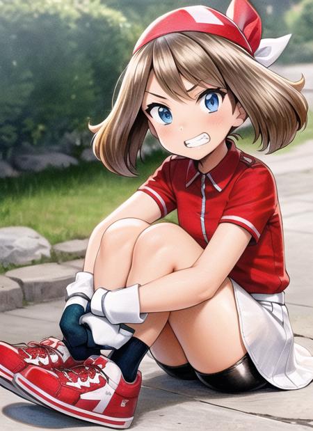 <lora:sapphirebirch:0.7> sapphirebirch, 1girl, solo, skirt, shirt, gloves, holding, full body, short sleeves, shoes, teeth, socks, traditional media, white skirt, clenched teeth, bike shorts, red footwear, red shirt, bandana, fanny pack