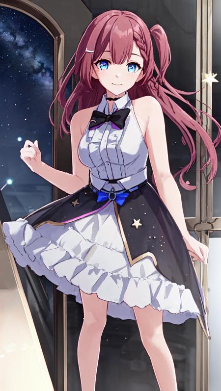 ((masterpiece)),(((bestquality))),((ultra-detailed)), asta,full body, looking at viewer,1girl, solo, shirt, blue eyes, bow, braid, sleeveless, sleeveless shirt, smile, long hair, looking at starry sky, black bow, skirt, bowtie, hair ornament, one side up, white shirt, bangs,bare shoulders, window, collared shirt, pink hair, frills, medium breasts, side braid, black bowtie, hair bow ,<lora:asta_20230706130251:0.6>, (very very beautiful starry sky:1.2),starry sky, (very very detailed eyes:1.2)