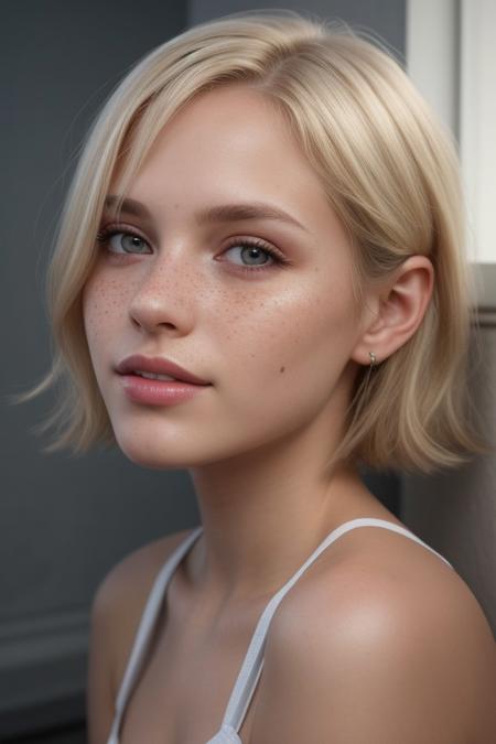 epiCRealism, a professional photography of a Norwegian girl with gorgeous medium length haircut and platinum hair, cowboy shot, loose light blue translucent summer dress with thin straps, light gray eyes, plump healthy lips, smile, platinum thin eyebrows, small nose with freckles, petite, slender, fit, perky small breasts, vibrant colors, insanely detailed, hyperdetailed,  cinematic lighting, high quality, realistic textured skin and skin details,  detailed pupils, cute, highly detailed, RAW photo,  skin pores, skin fuzz,  subsurface scattering, she is posed innocently above the viewer on a icy shelf