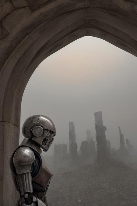 front side view, close-up, fantasy art, surrealism, grim, photorealism, hyger, a row of giant droids standing on a city wall, smog, epic, monumental, cinematic, mesmerizing, fine detail, close-up, dynamic, high detail, HDR, ultraHD, photorealistic